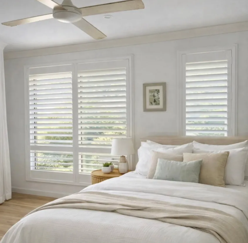 Plantation shutters Lake Macquarie master bedroom